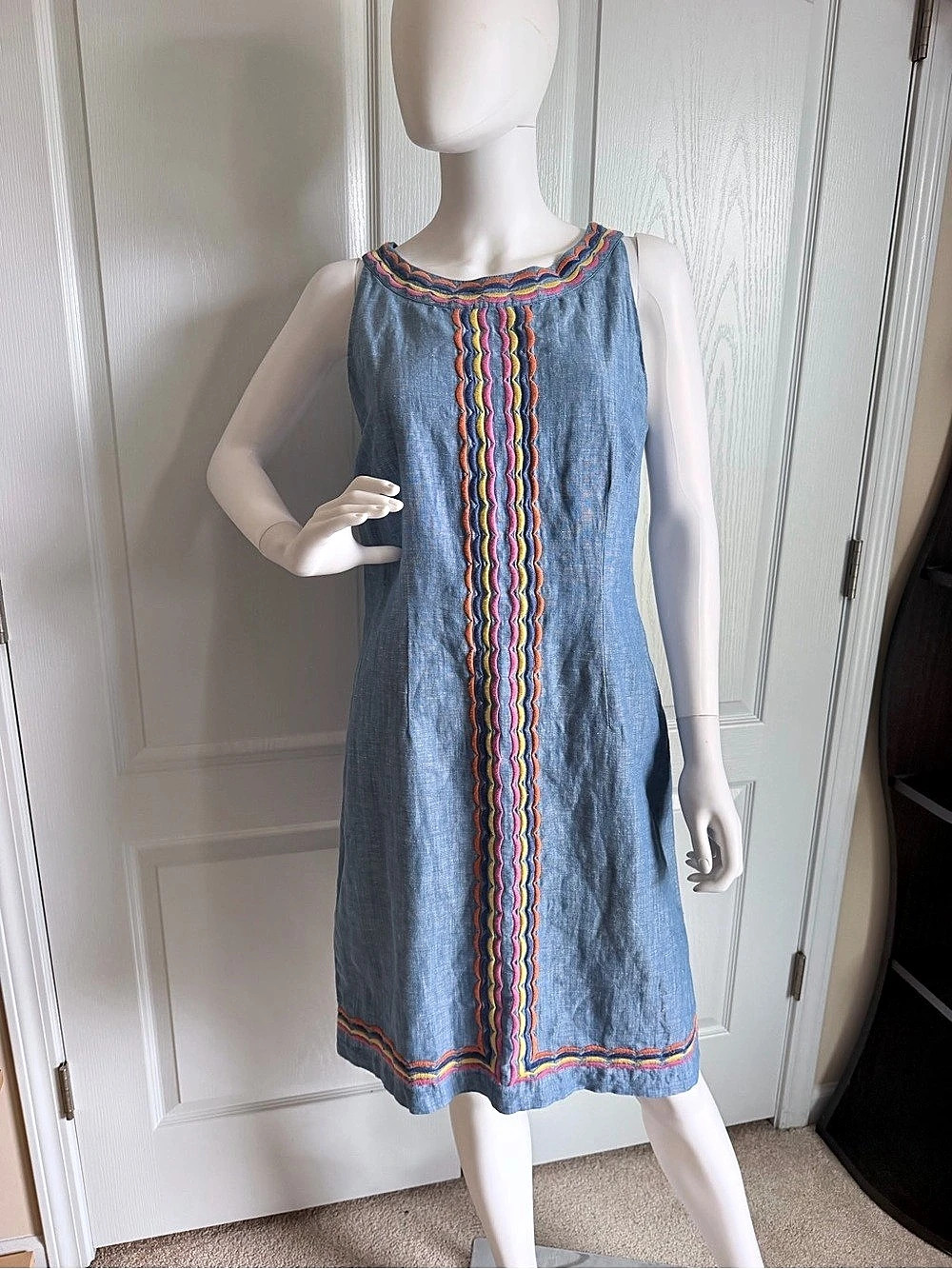 Talbots Linen Cotton Scallop Detail Shift Wave Embroidery Mini Dress Size 8